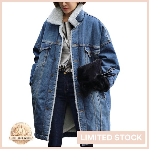 Jackets & Blazers - Long Sherpa Fleece Lined Denim Jacket Oversized Trucker Coat Vintage Style